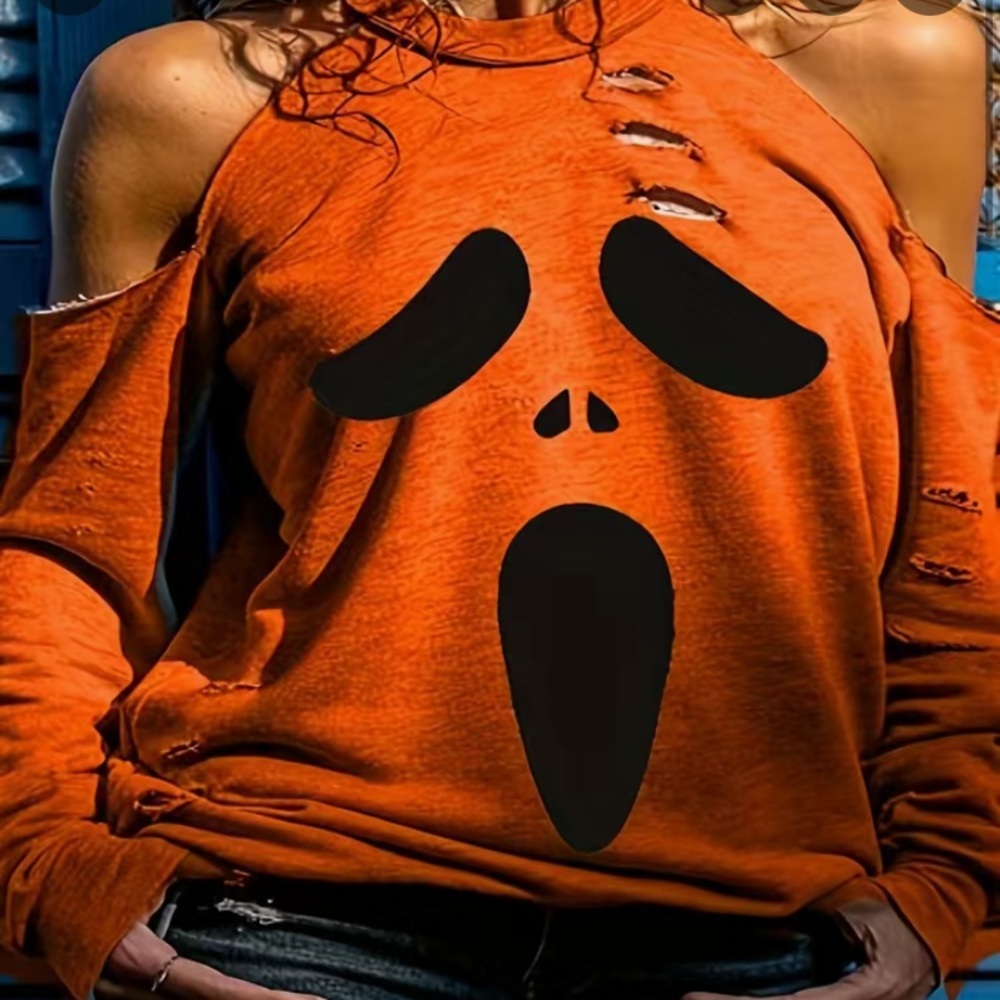 New Orange Pumpkin Scream Shirt Long Cut Out Halloween Plus cold shoulder 14 1XL